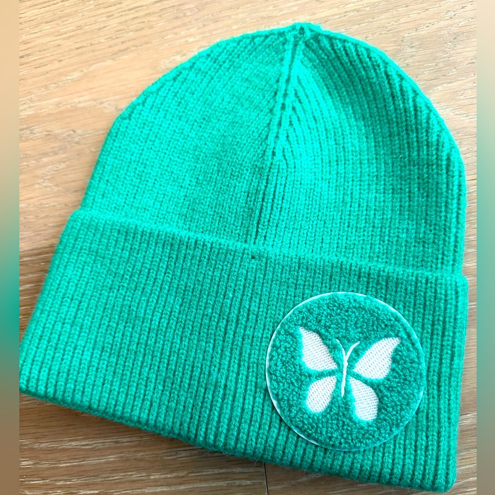 Blue green beanie with butterfly- new